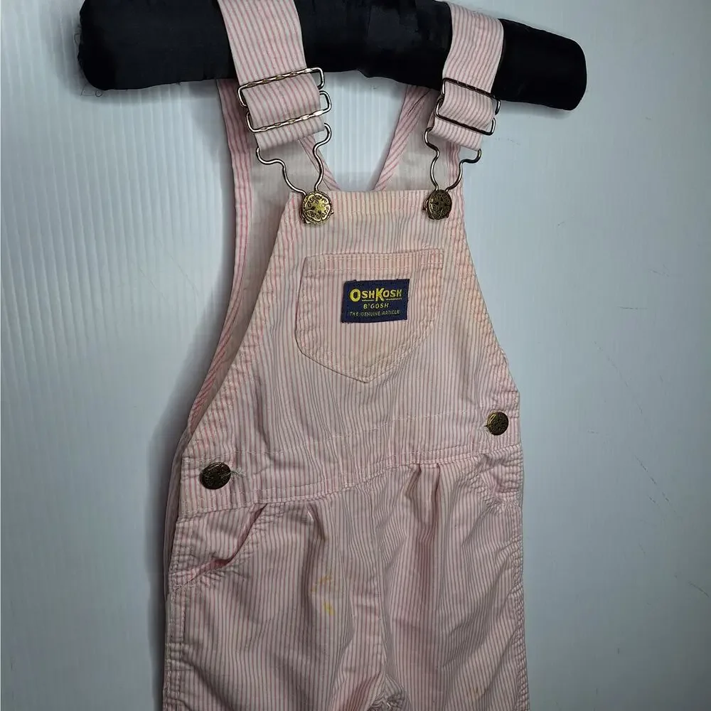 Vintage OshKosh B'Gosh Vestbak Bib Overalls Girls Pink White Stripe USA 24 mo